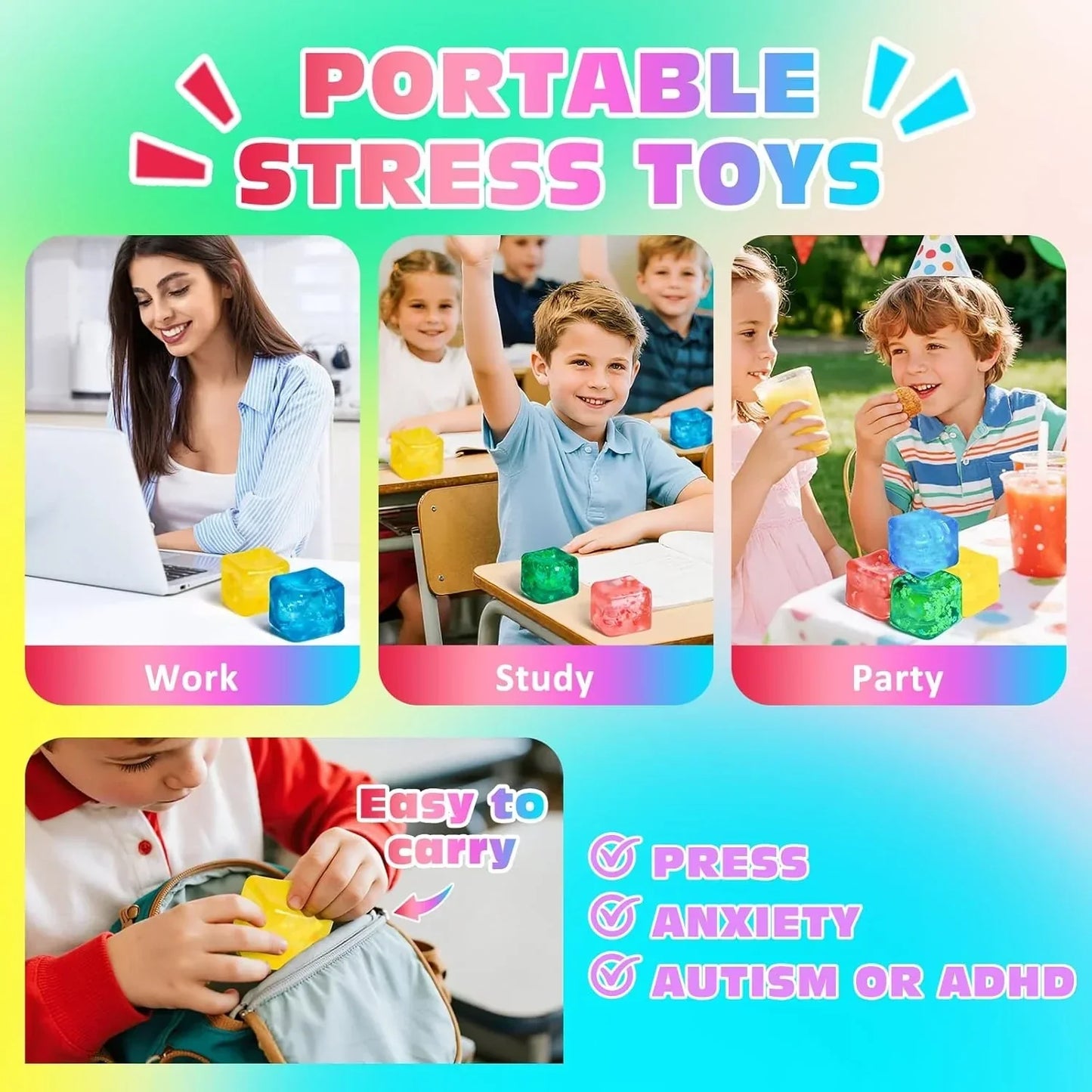 4 Pack Fidget Toy Stress Cube, Slow Rise Stress Balls Ice Cube,Mellow and Chill,Square Squishy Balls for Anxiety Relief,Cube Squishy,Prize Box Toys for Kids Classroom Birthday Gifts Party Favors