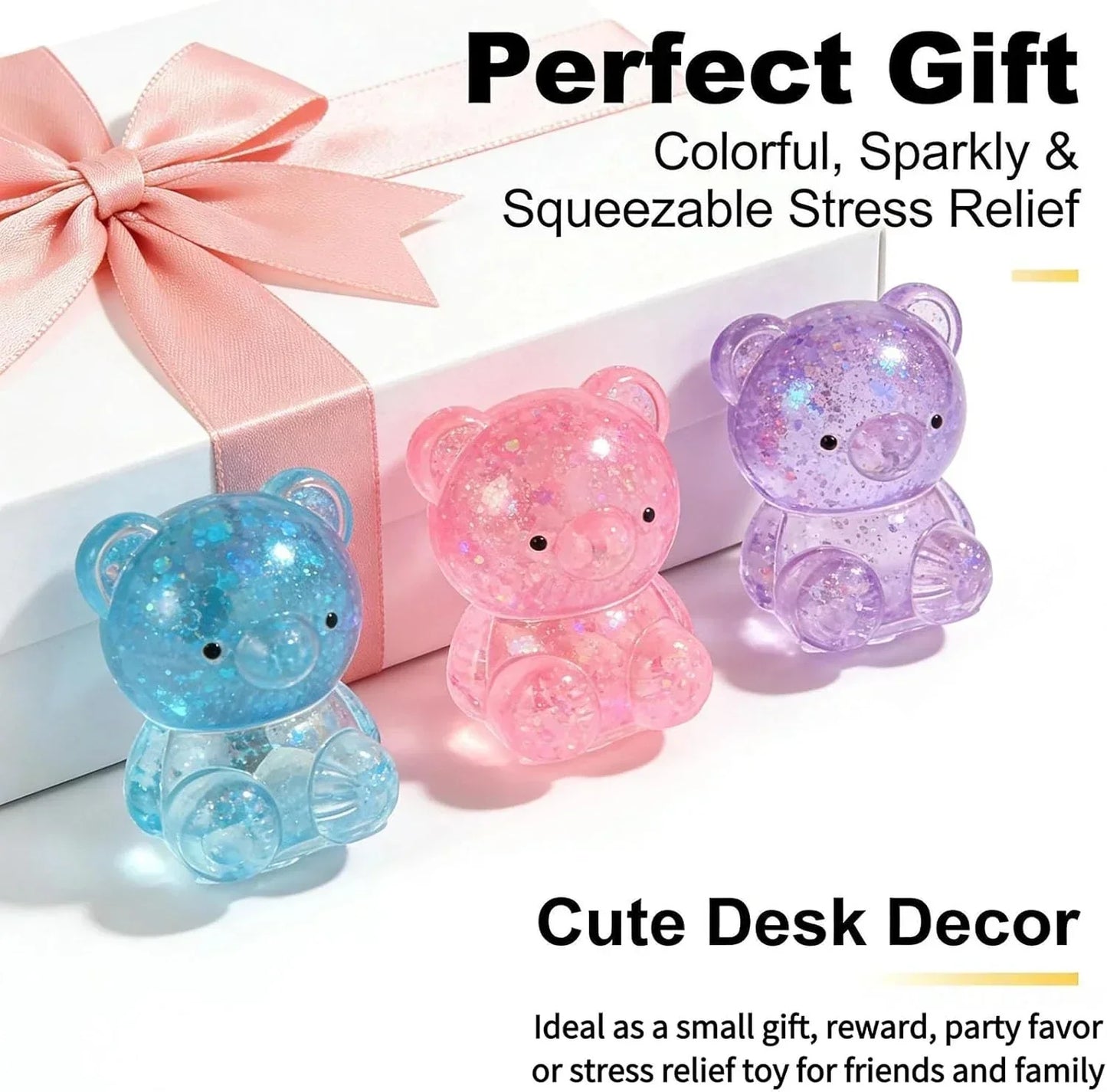 3 Pack Glitter Bear Stress Ball Squishy, Bear Sensory Stress Balls,Stress Relief Toy for Relaxing,Adorable Squishy Bears Stress Toys for Daily Relaxation, for Squishy Lovers
