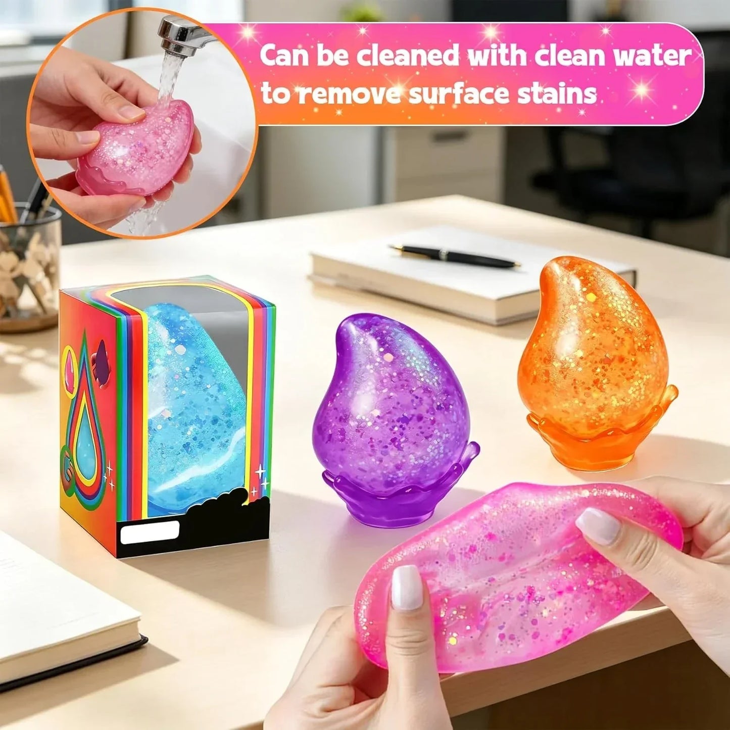 2 Pcs Stress Balls, Water Drop Squishies Squeeze Toys, Stress Relief Fidget Sensory Toy for Kids with Autism, Nice Stress Cube-Drop Gifts for Anxiety Relief Office Easter Birthday (Blue&Pink)