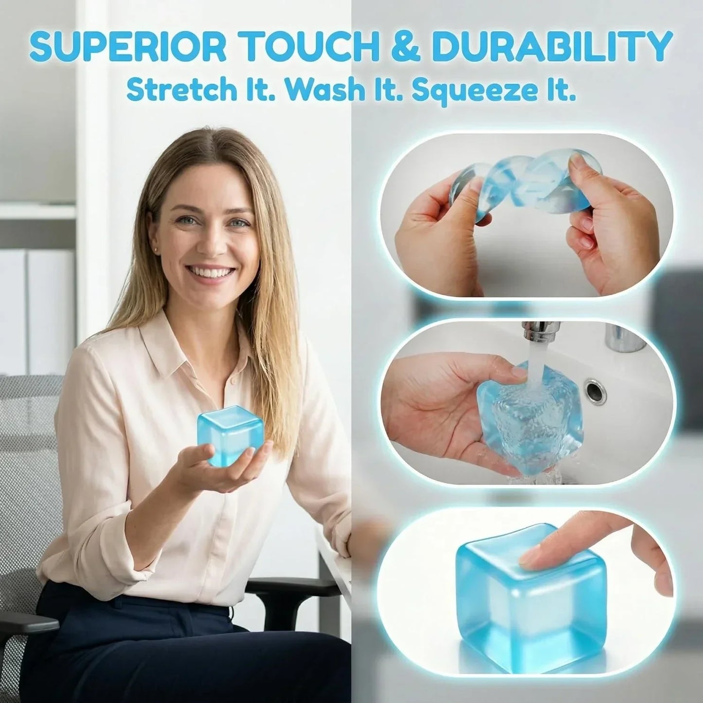 Squishy Ice Cube Stress Balls, Slow Rising Stress Relief Toy, Squeeze Ball Fidget Toys for Adults Teens Boys Girls, Sensory Toys for Kids with Autism, Party Favors Gifts (Blue)