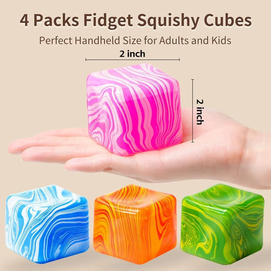 Stress Balls 2" Stress Cube Squishy Fidget Toys for Anxiety Stress Relief, Squeeze Toys Sensory squishies for Classroom Prizes, Slow Rising fidgets Toy Gift for Adults Kids, 4 Packs