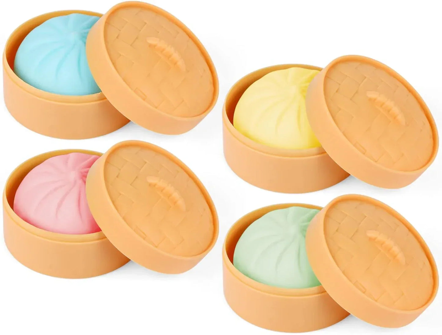 MEIEST 4 PCS Colorful Dumpling Stress Balls Fidget Sensory Toy,Squeeze Dough Ball Stress Relief Hand Toy,Bun with Food Steamer Stretchy Desk Toys