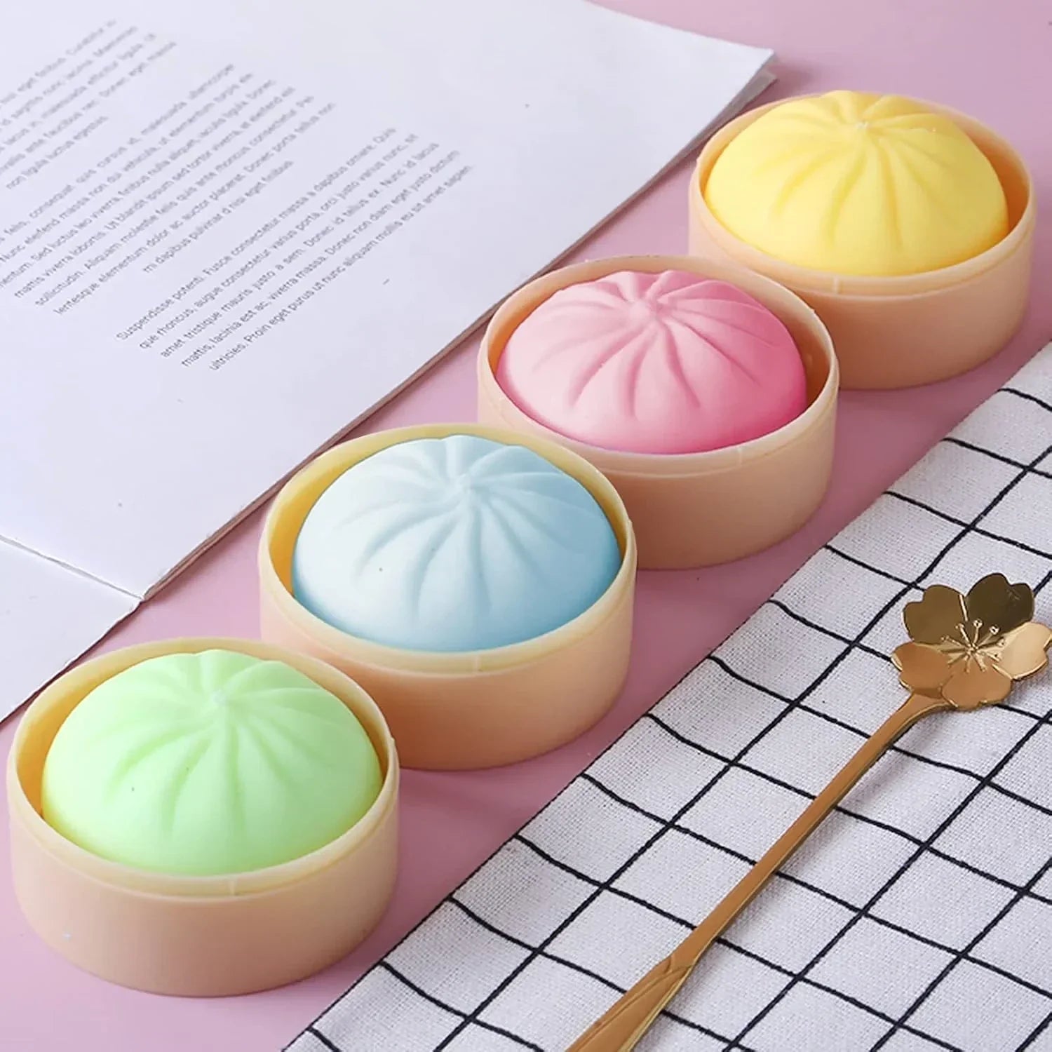 MEIEST 4 PCS Colorful Dumpling Stress Balls Fidget Sensory Toy,Squeeze Dough Ball Stress Relief Hand Toy,Bun with Food Steamer Stretchy Desk Toys