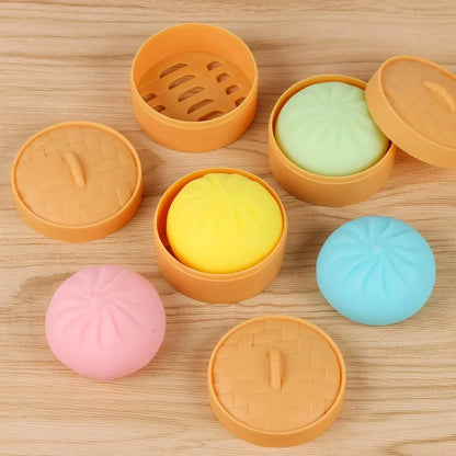 MEIEST 4 PCS Colorful Dumpling Stress Balls Fidget Sensory Toy,Squeeze Dough Ball Stress Relief Hand Toy,Bun with Food Steamer Stretchy Desk Toys