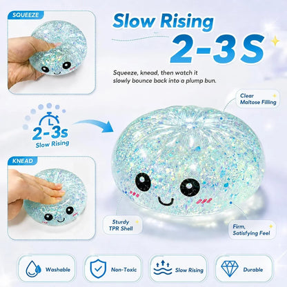 4pcs Dumpling Glitter Squishy,Sugar Dumplings Squeeze Toys,Fidget Sensory Toy for Teens,Boys,Girls,Adults Slow Rising Anxiety Relief,Desk Stress Balls