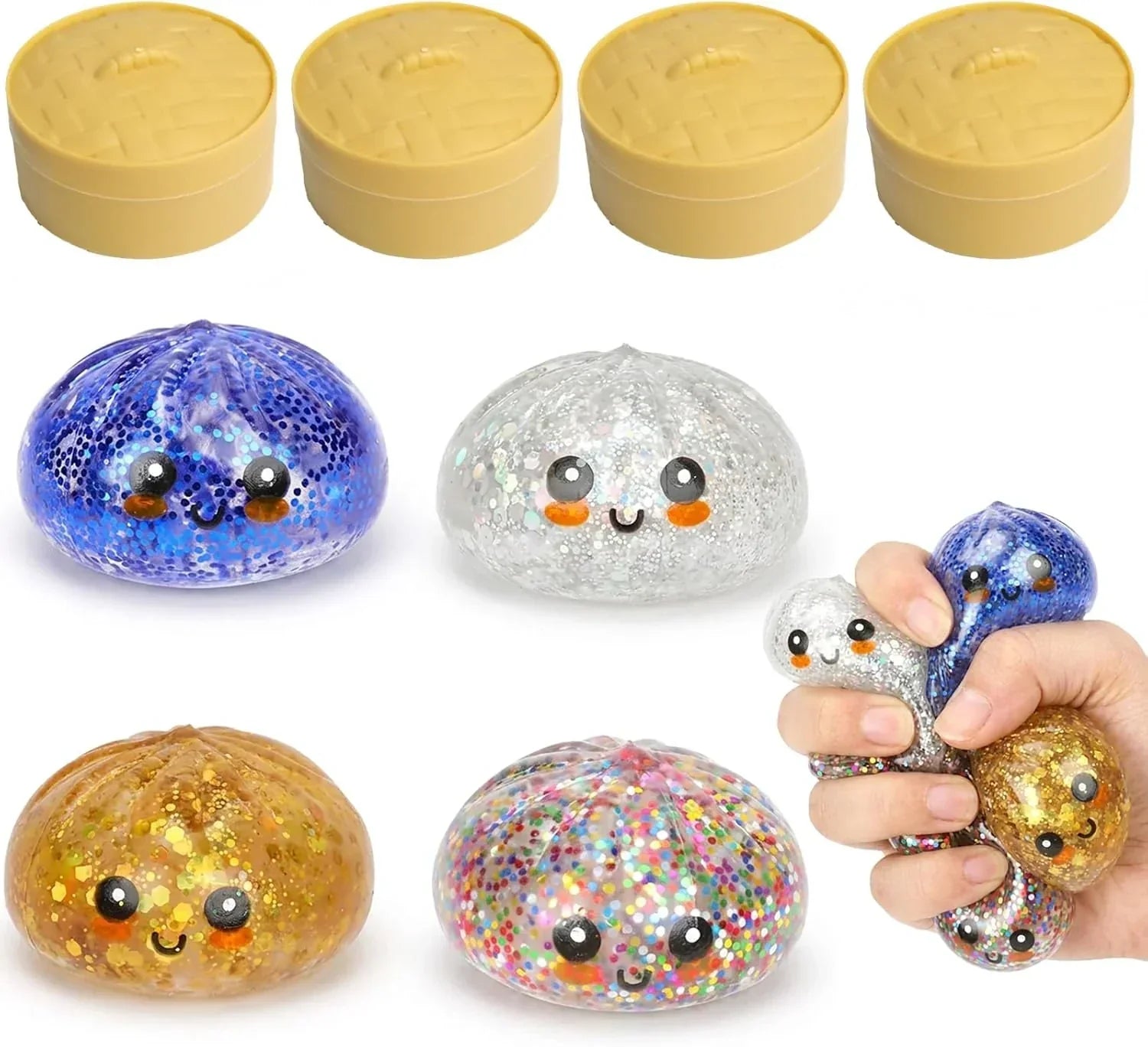 4 Pack Glitter Squishy Toys Dumpling Mystery Box Set — Slow Rising Kawaii Dumpling Stress Balls with Steamer Box, Cute Fidget Sensory Toys for Kids & Adults