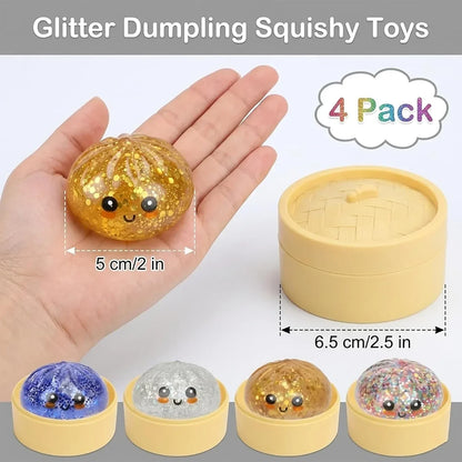 4 Pack Glitter Squishy Toys Dumpling Mystery Box Set — Slow Rising Kawaii Dumpling Stress Balls with Steamer Box, Cute Fidget Sensory Toys for Kids & Adults