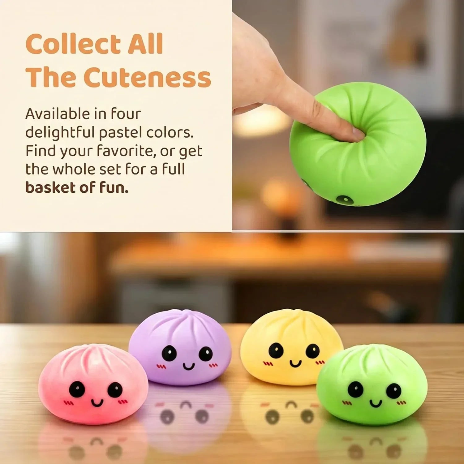 4 Pack Dumpling Squishy Stress Balls, Stress Relief Toys for Adults Boys Girls, Steamer Basket Design and Squeezable Bun with Cute Smile Face, Sensory Fidget Toys for Kids Party Favors Gifts