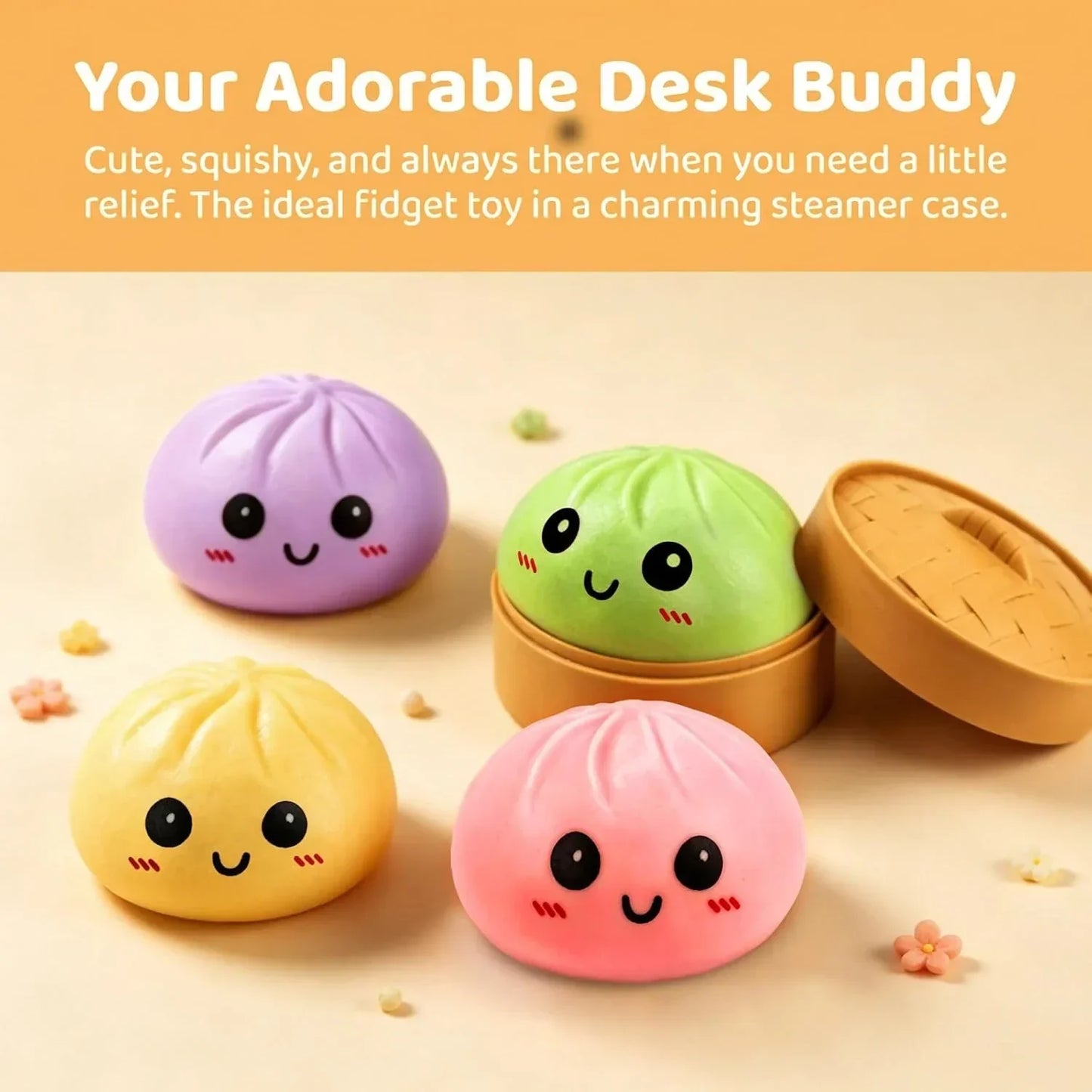 4 Pack Dumpling Squishy Stress Balls, Stress Relief Toys for Adults Boys Girls, Steamer Basket Design and Squeezable Bun with Cute Smile Face, Sensory Fidget Toys for Kids Party Favors Gifts