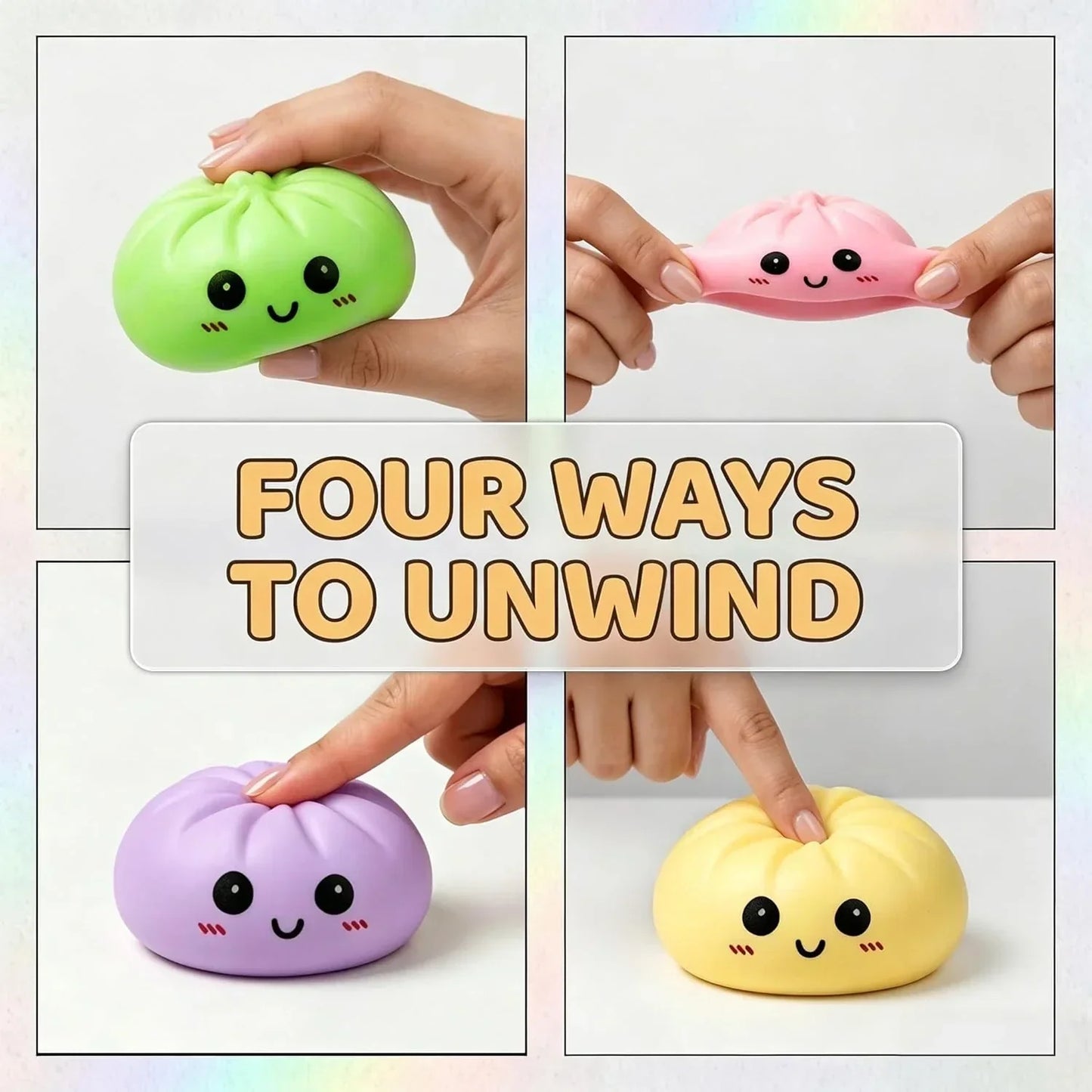 4 Pack Dumpling Squishy Stress Balls, Stress Relief Toys for Adults Boys Girls, Steamer Basket Design and Squeezable Bun with Cute Smile Face, Sensory Fidget Toys for Kids Party Favors Gifts