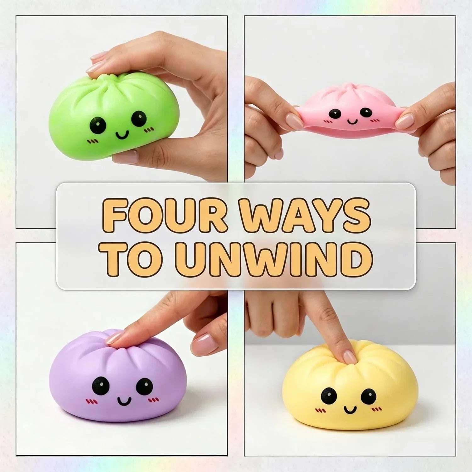 4 Pack Dumpling Squishy Stress Balls, Stress Relief Toys for Adults Boys Girls, Steamer Basket Design and Squeezable Bun with Cute Smile Face, Sensory Fidget Toys for Kids Party Favors Gifts