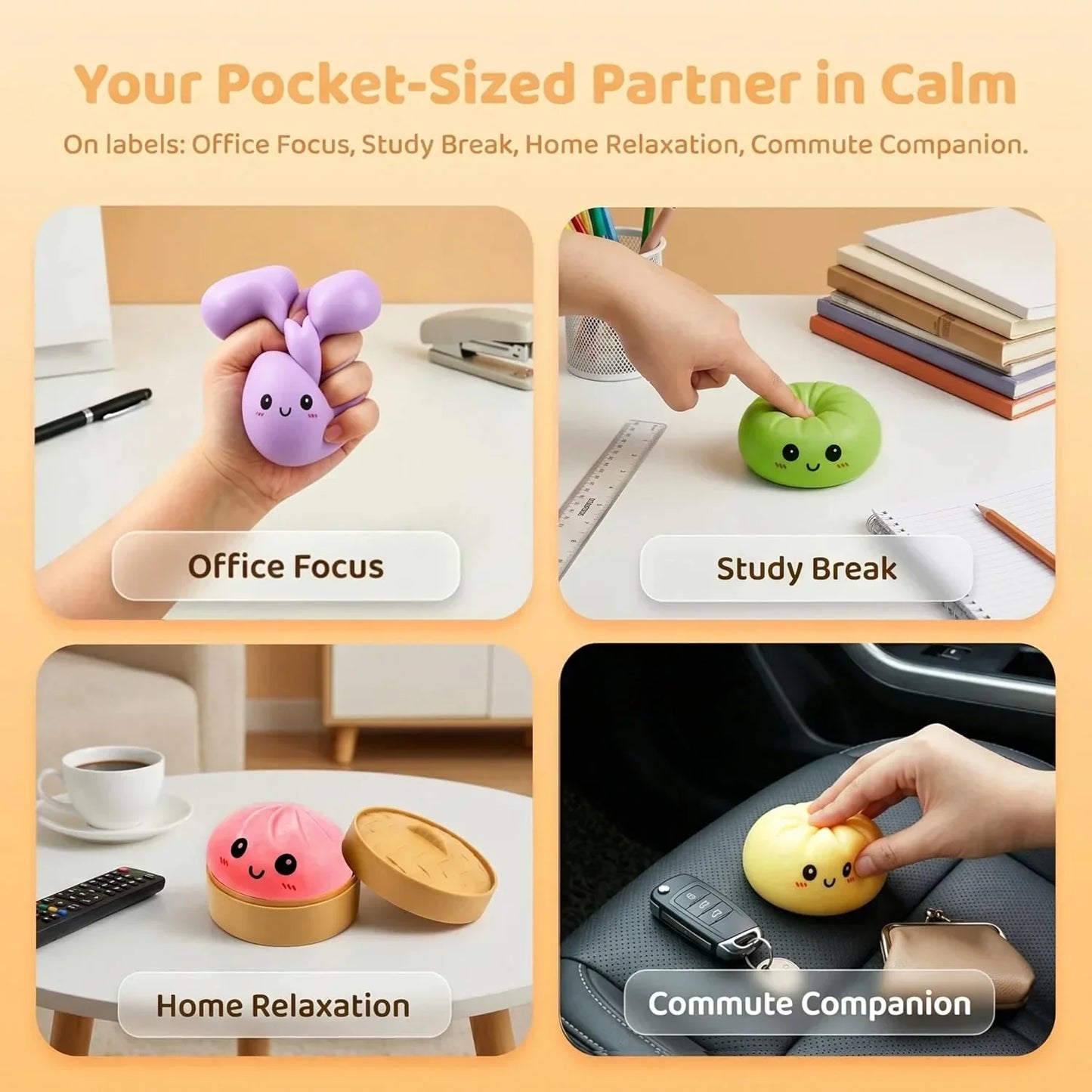 4 Pack Dumpling Squishy Stress Balls, Stress Relief Toys for Adults Boys Girls, Steamer Basket Design and Squeezable Bun with Cute Smile Face, Sensory Fidget Toys for Kids Party Favors Gifts