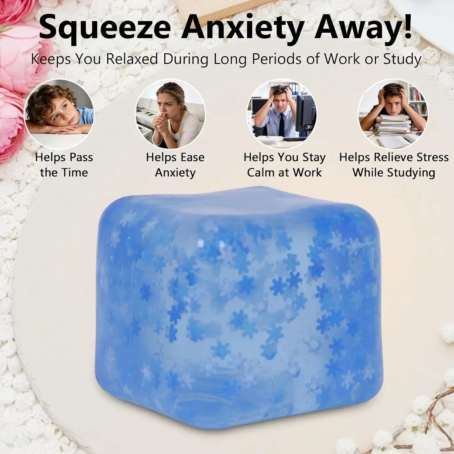 Squishy Ice Cube Fidget Toy 2.75inch/7cm, Sugar Ball Squishy Cube for Kids Adults, Soft Squishies Stress Relief Sensory Toy for Autism, Classroom Prize Toy Party Favor