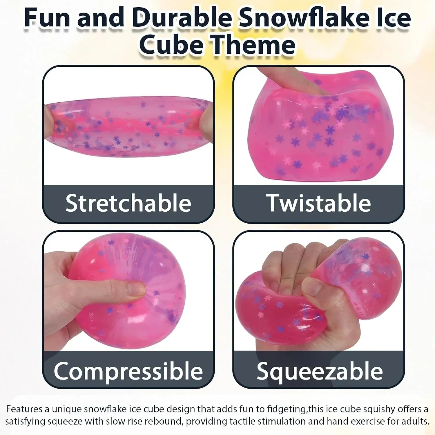 Snowflake Ice Cube Squishy Toy, Big Size 7cm Stress Relief Fidget Toys for Adults, Sensory Squishy Toys for Anxiety Relief and Focus, Soft Slow Rise Squeeze Toy for Stress (Pink)