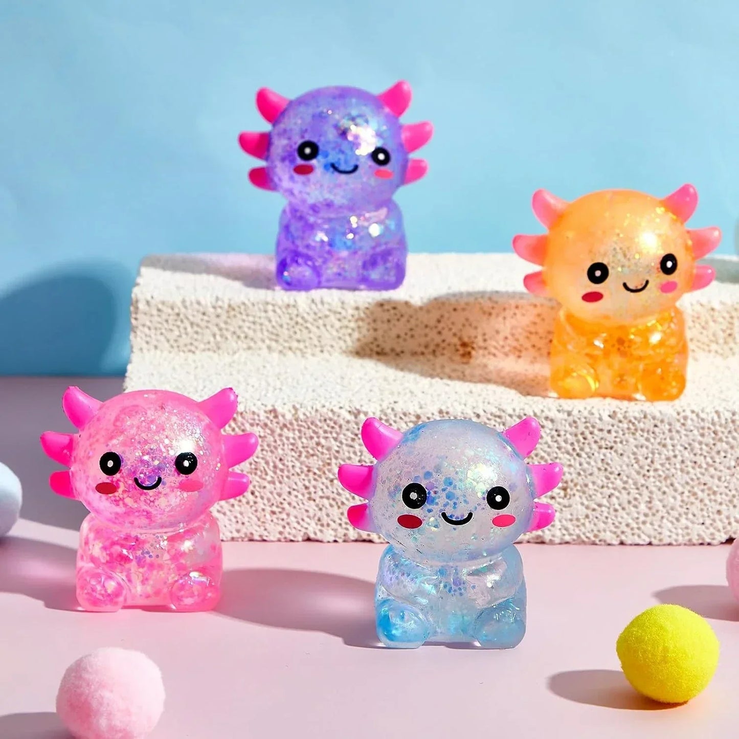 Simgoing 4 Pcs Axolotl Stress Toy Squeeze Axolotl Party Favors 2.56 x 2.64 Inches Malt Sugar Filled Stretchy Fidget Stress Relief Ball Sensory Toys for Adults Soothing Graduation Birthday Party Gift