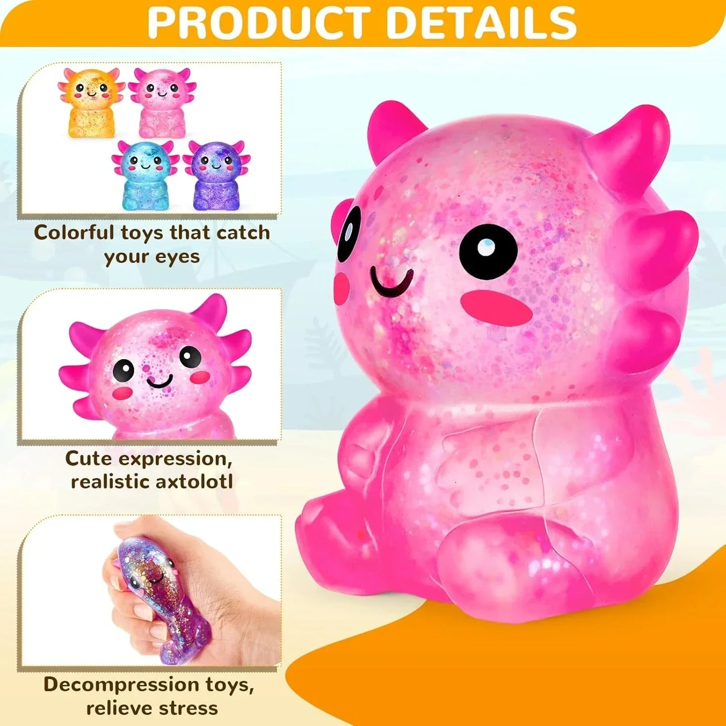 Simgoing 4 Pcs Axolotl Stress Toy Squeeze Axolotl Party Favors 2.56 x 2.64 Inches Malt Sugar Filled Stretchy Fidget Stress Relief Ball Sensory Toys for Adults Soothing Graduation Birthday Party Gift