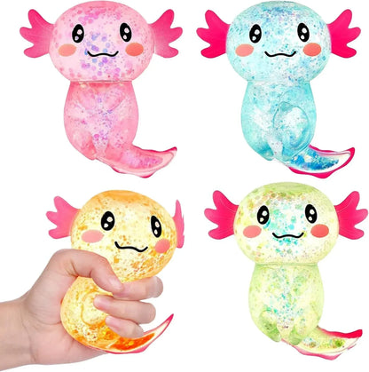 Sezua Squishy Fidget Stress Ball - 4 Pack Taba Squishies Squeeze Sensory Axolotl Toys, Axolotl Squishy Sugar Stress Ball Toys for Adults Kid, Glitter Salamander Gift for Party Birthday Christmas