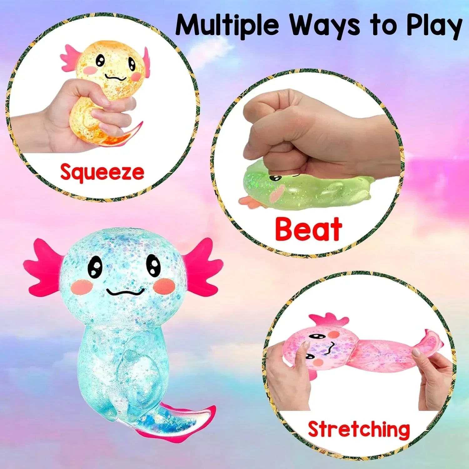 Sezua Squishy Fidget Stress Ball - 4 Pack Taba Squishies Squeeze Sensory Axolotl Toys, Axolotl Squishy Sugar Stress Ball Toys for Adults Kid, Glitter Salamander Gift for Party Birthday Christmas