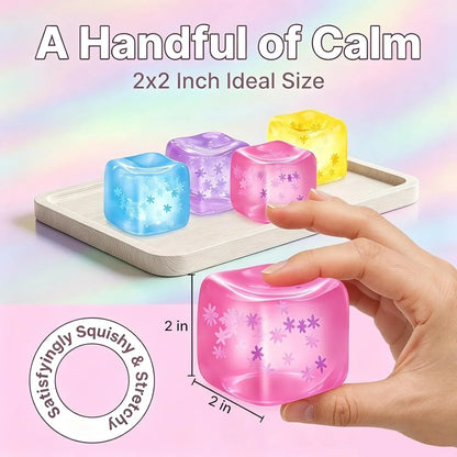 Fidget Toy Stress Cube- 4 Pack Sensory Squeeze Toys, Slow Rising Squishy Cube Filled with Thick Substance and Snowflakes Crafts, Anxiety Stress Relief Calming Tool for Adults and Kids