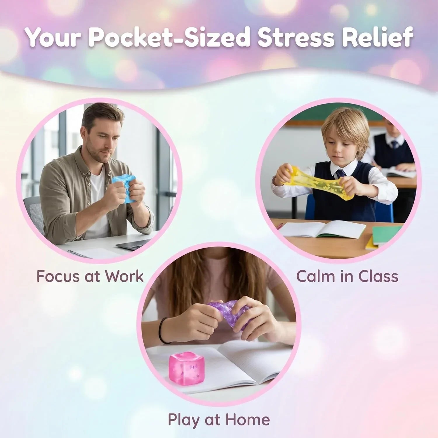 Fidget Toy Stress Cube- 4 Pack Sensory Squeeze Toys, Slow Rising Squishy Cube Filled with Thick Substance and Snowflakes Crafts, Anxiety Stress Relief Calming Tool for Adults and Kids