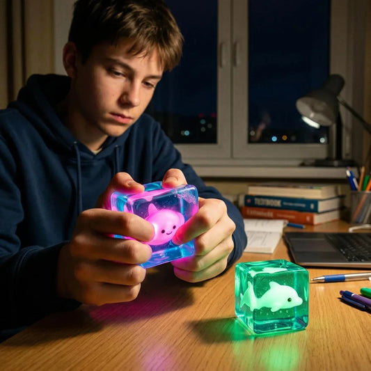 Cube Squeeze Ball Stress Fidget Toy, Glow in the Dark Gel Filled Ice Cube, Slow Rising Squishy Sensory Toy for Anxiety Relief, Kids and Adults (Narwhal)