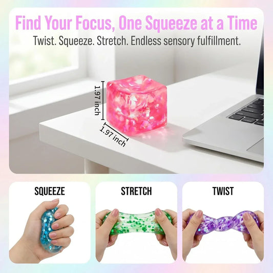 4 Pack Glitter Ice Cube Squishy, Slow Rising Stress Relief Toys, Square Stree Balls Fidget Toys for Adults Boys Girls, Squeeze Ball Sensory Toys for Kids with Autism, Party Favors Gifts