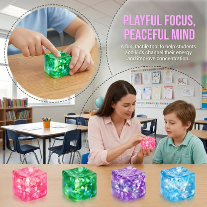 4 Pack Glitter Ice Cube Squishy, Slow Rising Stress Relief Toys, Square Stree Balls Fidget Toys for Adults Boys Girls, Squeeze Ball Sensory Toys for Kids with Autism, Party Favors Gifts