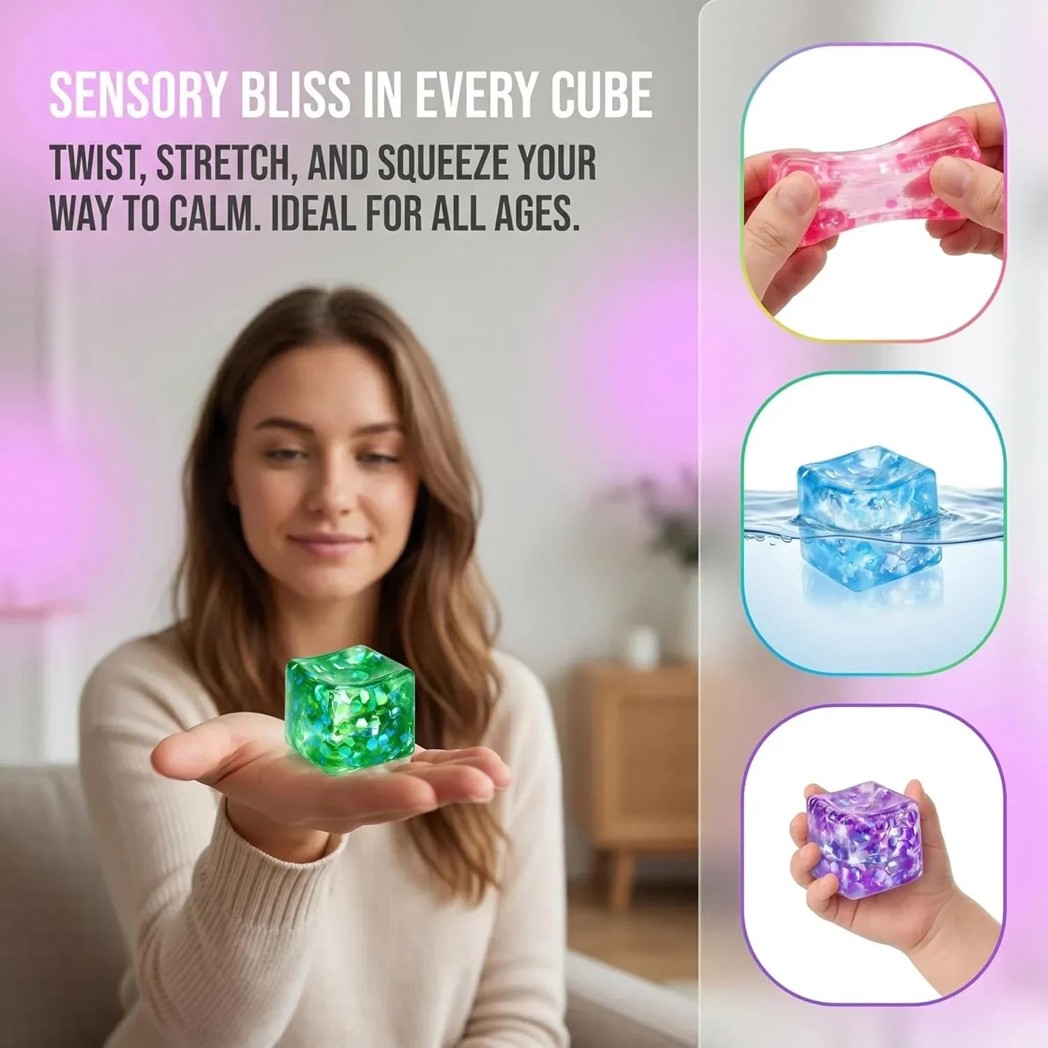 4 Pack Glitter Ice Cube Squishy, Slow Rising Stress Relief Toys, Square Stree Balls Fidget Toys for Adults Boys Girls, Squeeze Ball Sensory Toys for Kids with Autism, Party Favors Gifts