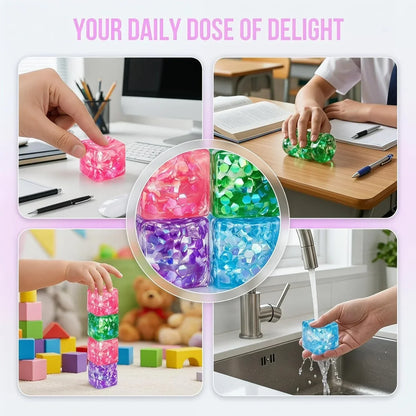 4 Pack Glitter Ice Cube Squishy, Slow Rising Stress Relief Toys, Square Stree Balls Fidget Toys for Adults Boys Girls, Squeeze Ball Sensory Toys for Kids with Autism, Party Favors Gifts