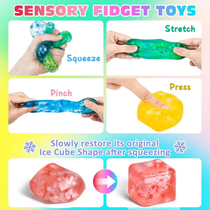 4 Pack Fidget Toy Stress Cube, Slow Rise Stress Balls Ice Cube,Mellow and Chill,Square Squishy Balls for Anxiety Relief,Cube Squishy,Prize Box Toys for Kids Classroom Birthday Gifts Party Favors