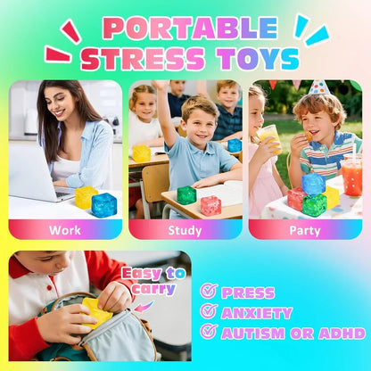 4 Pack Fidget Toy Stress Cube, Slow Rise Stress Balls Ice Cube,Mellow and Chill,Square Squishy Balls for Anxiety Relief,Cube Squishy,Prize Box Toys for Kids Classroom Birthday Gifts Party Favors