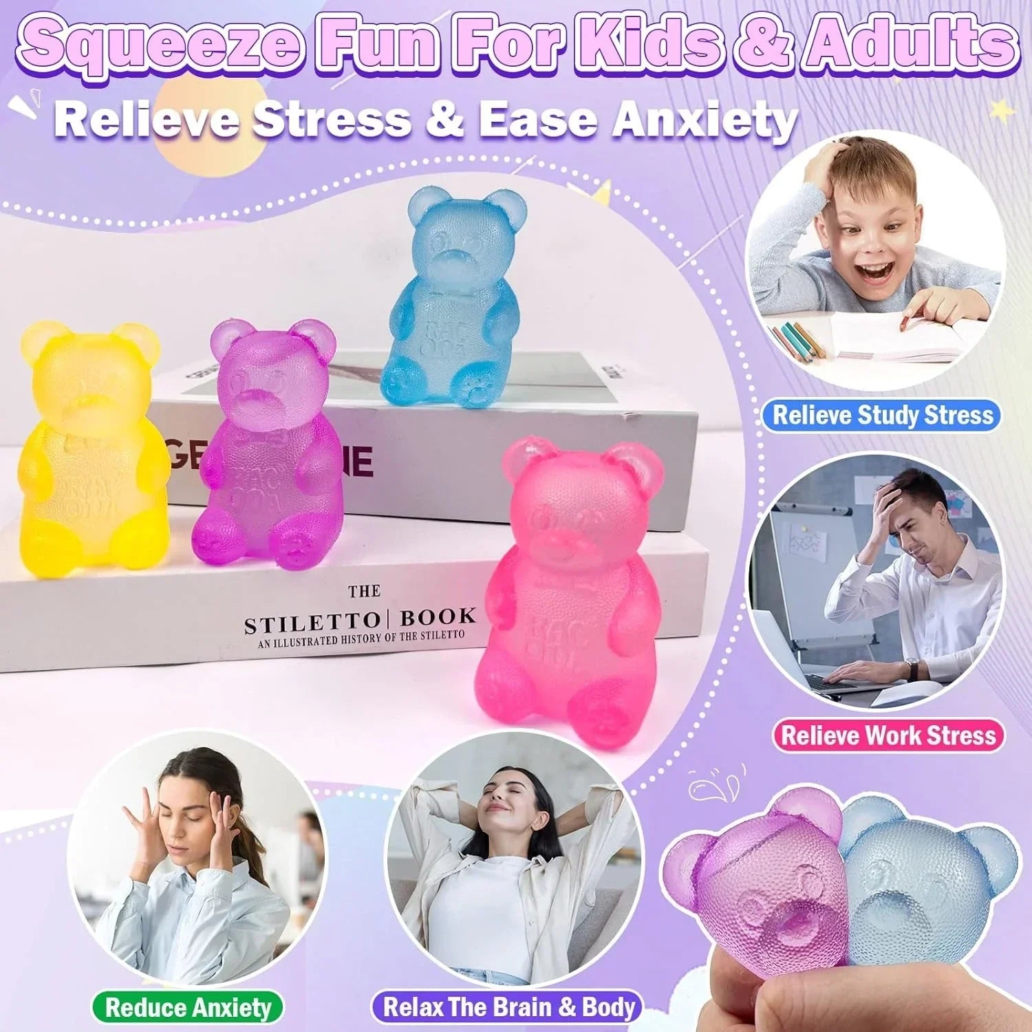 4 Pack Bear & Sugar Ball Designs, Anxiety Relief & Focus Toy, Maltose Filled Squeeze Toys for Sensory Play，Sensory Fidget Toys for Adults, Kids, Slow Rising Squishy Stress Ball