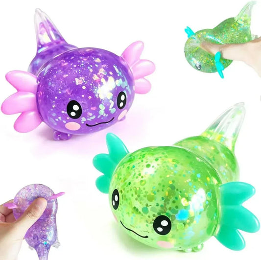 2pack Glitter Axolotls Squishies Toy, Axolotls Stress Relief Toy,Soft Squeeze Sensory Fidget Gadget for Teen & Adult, Office Desk Decor, Party Favors(Purple+Green)