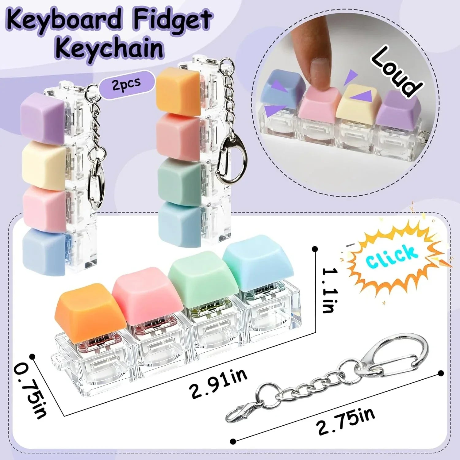 2 PCS Keyboard Fidget Toy, Keyboard Fidget Keychain 4-in-1 Keyboard Decompression Button Finger Clicker Toys, Button Stress Relief Fidget Gifts to Relief Stress (Purple Blue Pink Orange)