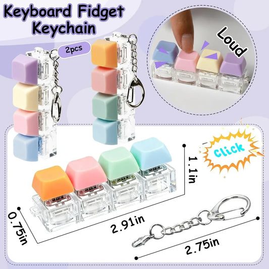 2 PCS Keyboard Fidget Toy, Keyboard Fidget Keychain 4-in-1 Keyboard Decompression Button Finger Clicker Toys, Button Stress Relief Fidget Gifts to Relief Stress (Purple Blue Pink Orange)