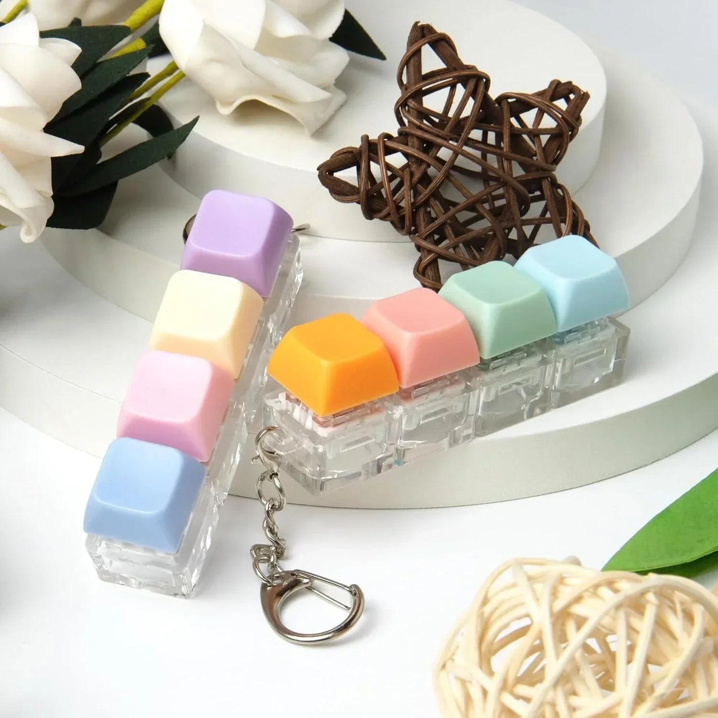 2 PCS Keyboard Fidget Toy, Keyboard Fidget Keychain 4-in-1 Keyboard Decompression Button Finger Clicker Toys, Button Stress Relief Fidget Gifts to Relief Stress (Purple Blue Pink Orange)