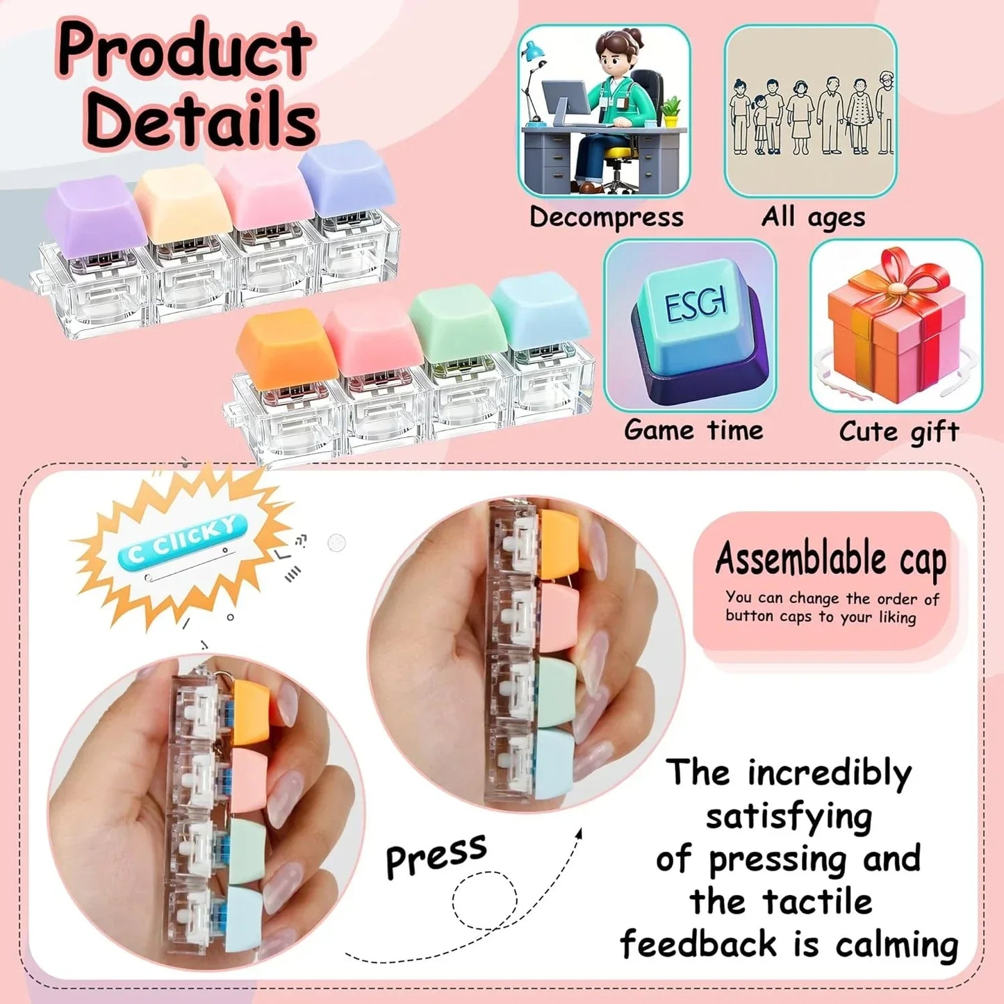 2 PCS Keyboard Fidget Toy, Keyboard Fidget Keychain 4-in-1 Keyboard Decompression Button Finger Clicker Toys, Button Stress Relief Fidget Gifts to Relief Stress (Purple Blue Pink Orange)