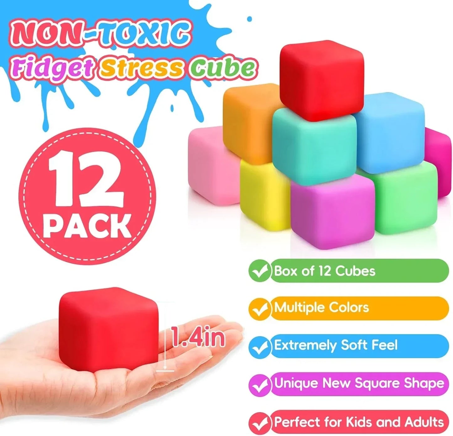 12 Pack Slow Rising Stress Cube, Dough Stress Balls Squishy Fidget Toys for Anxiety Relief, Soft Fidget Cube, Pull Stretch Squishy Toys for Classroom Prize, Party Favors for Kids Adults