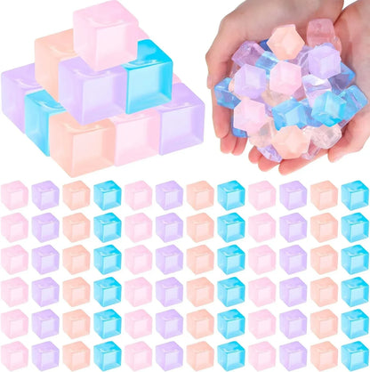100 Pcs Mini Ice Cube Stress Balls Bulk Squeeze Square Ball Sensory Stress Relief Mini Ice Cube Prize Birthday Party Favor Bags Box Filling, 4 Colors