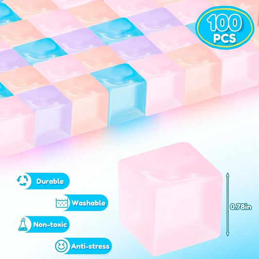 100 Pcs Mini Ice Cube Stress Balls Bulk Squeeze Square Ball Sensory Stress Relief Mini Ice Cube Prize Birthday Party Favor Bags Box Filling, 4 Colors