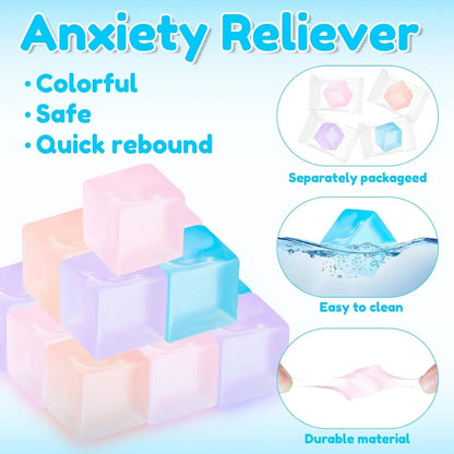 100 Pcs Mini Ice Cube Stress Balls Bulk Squeeze Square Ball Sensory Stress Relief Mini Ice Cube Prize Birthday Party Favor Bags Box Filling, 4 Colors
