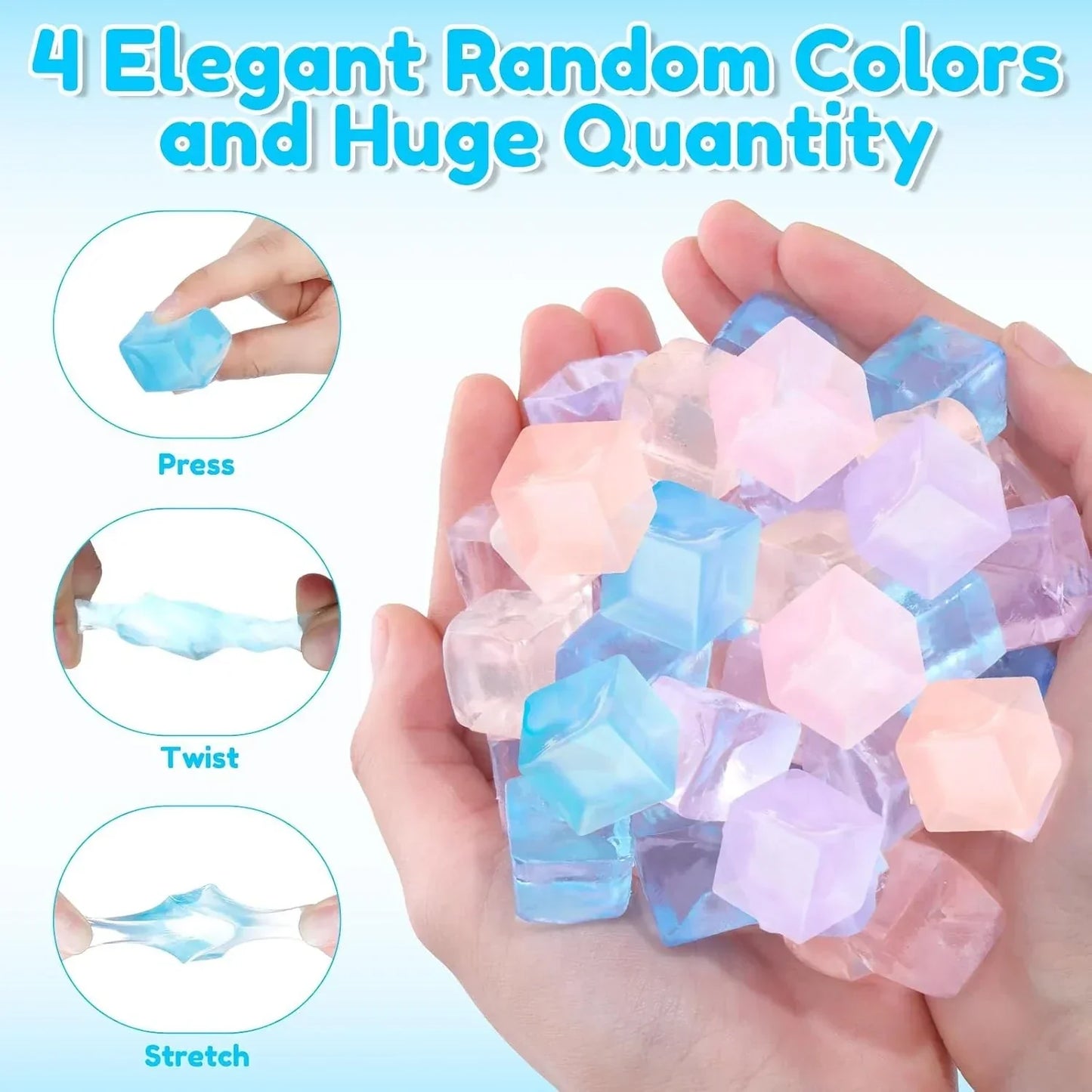 100 Pcs Mini Ice Cube Stress Balls Bulk Squeeze Square Ball Sensory Stress Relief Mini Ice Cube Prize Birthday Party Favor Bags Box Filling, 4 Colors