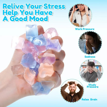 100 Pcs Mini Ice Cube Stress Balls Bulk Squeeze Square Ball Sensory Stress Relief Mini Ice Cube Prize Birthday Party Favor Bags Box Filling, 4 Colors