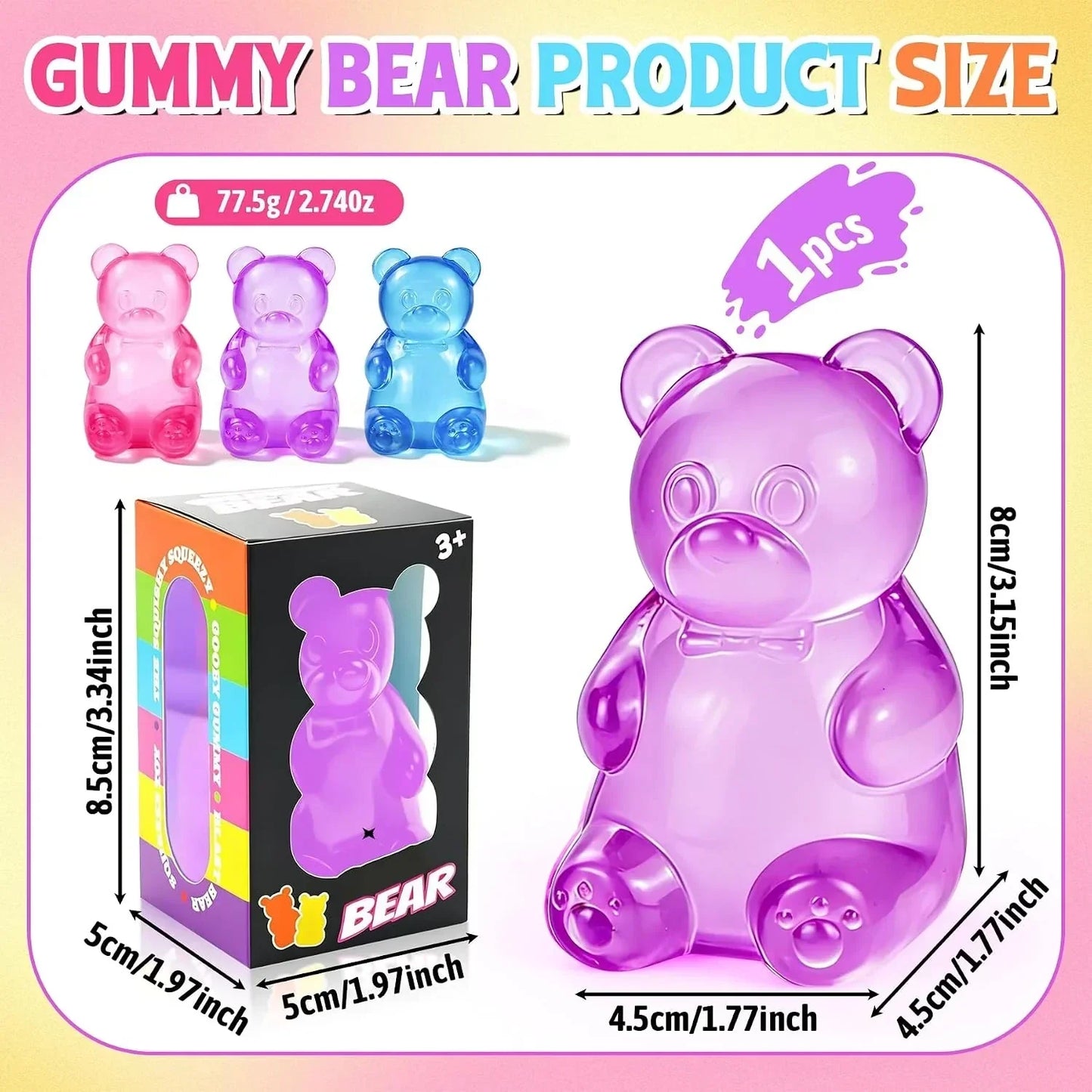 Gummy Bear Taba Squishies Fidget Toys, Stress Ball Relief, Sugar Squishies Gummy Bear Fidget Toys for Kids Adults, Slow Rising Sensory Stress Balls for Birthday Gifts Party Favors (Purple)