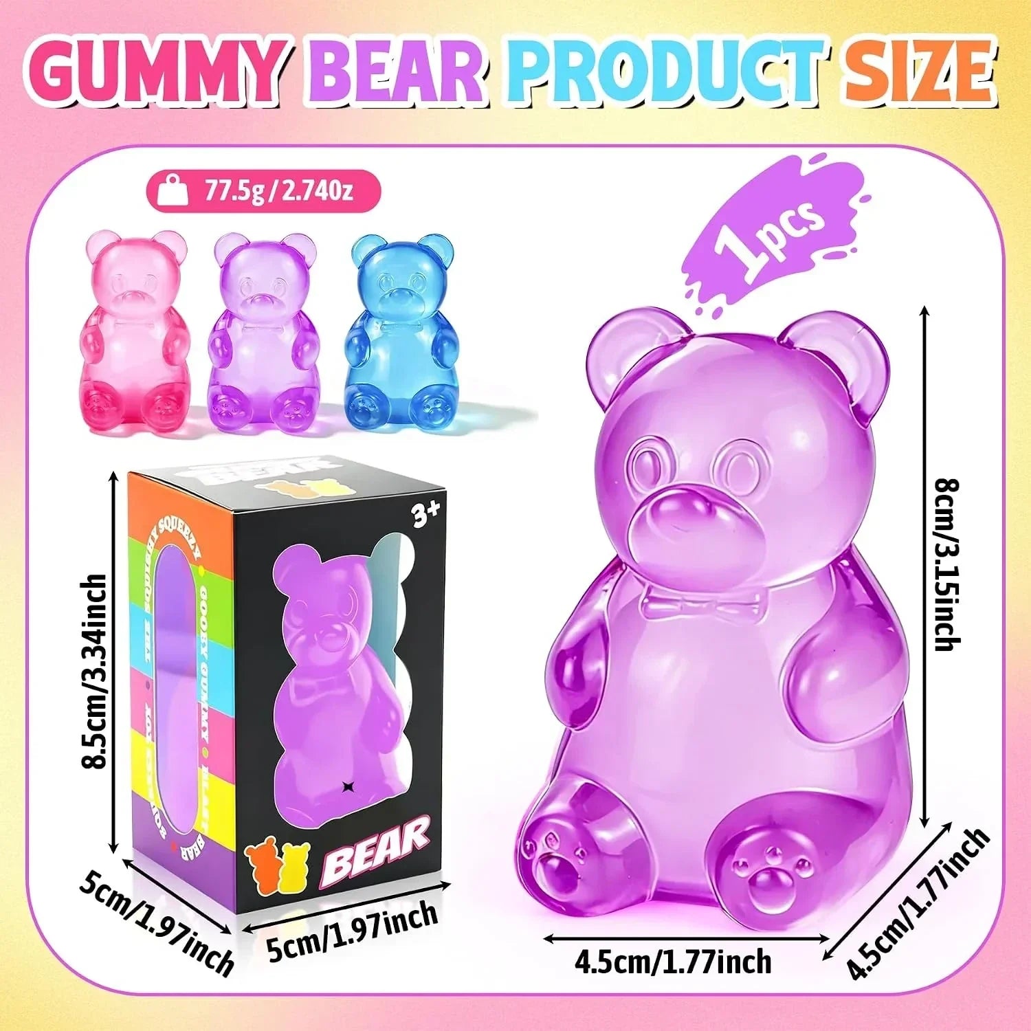 Gummy Bear Taba Squishies Fidget Toys, Stress Ball Relief, Sugar Squishies Gummy Bear Fidget Toys for Kids Adults, Slow Rising Sensory Stress Balls for Birthday Gifts Party Favors (Purple)