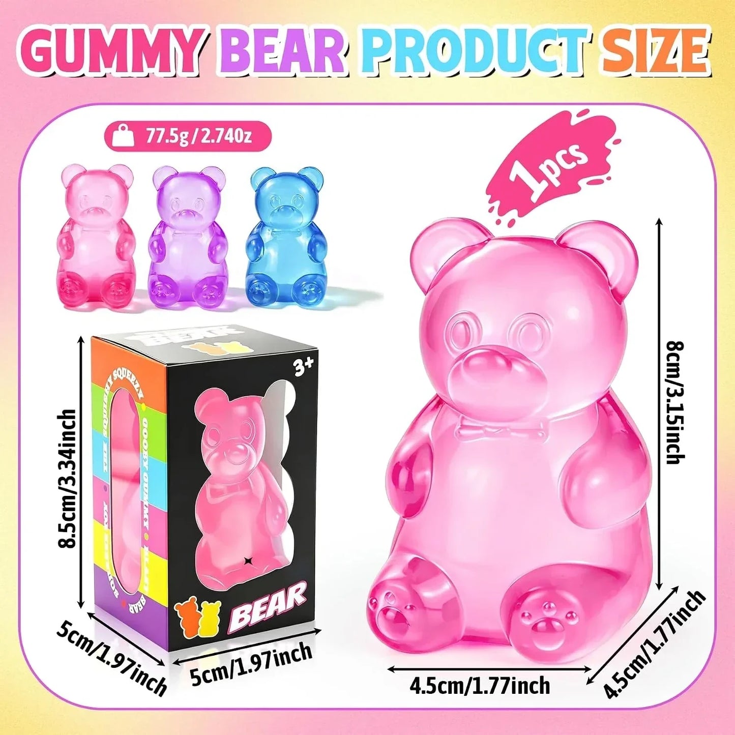 Gummy Bear Squishies Squeeze Toys for Kids Adults, Sugar Squishies Balls Stress Bear Toys for Boys Girls, Sensory Fidget Toys Anxiety Relief for Autism, Party Favors Gifts, Valentines Day Gifts (Pink)