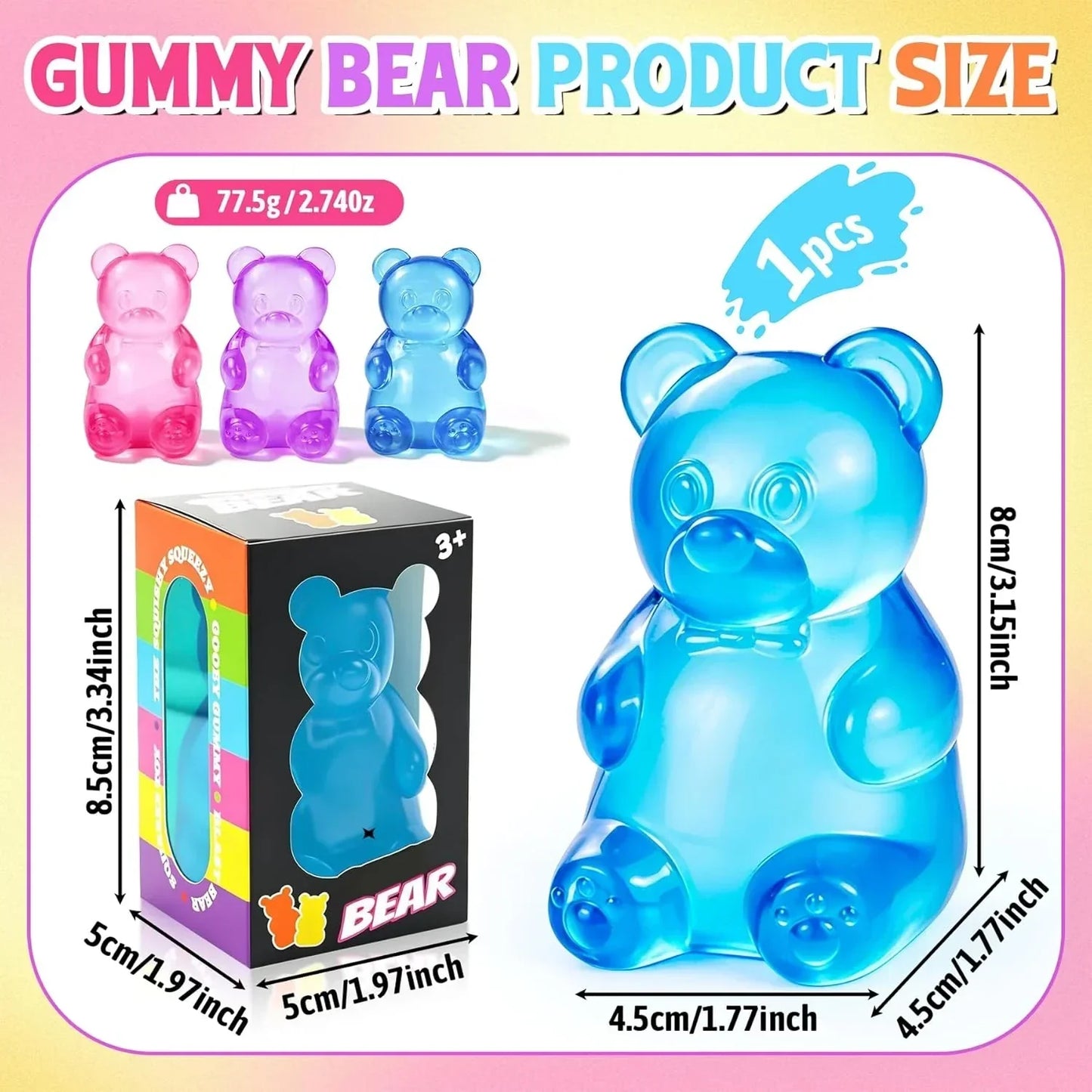 Gummy Bear Fidget Squeeze Toys, Slow Rising Sensory Stress Balls, Gummy Bear Fidget Toys for Kids Adults, Squishies Stress Relief Toys for Birthday Gifts Party Favors, Stocking Stuffers (Blue)