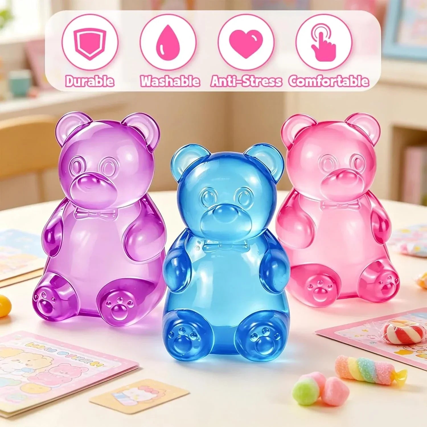Gummy Bear Fidget Squeeze Toys, Slow Rising Sensory Stress Balls, Gummy Bear Fidget Toys for Kids Adults, Squishies Stress Relief Toys for Birthday Gifts Party Favors, Stocking Stuffers (Blue)
