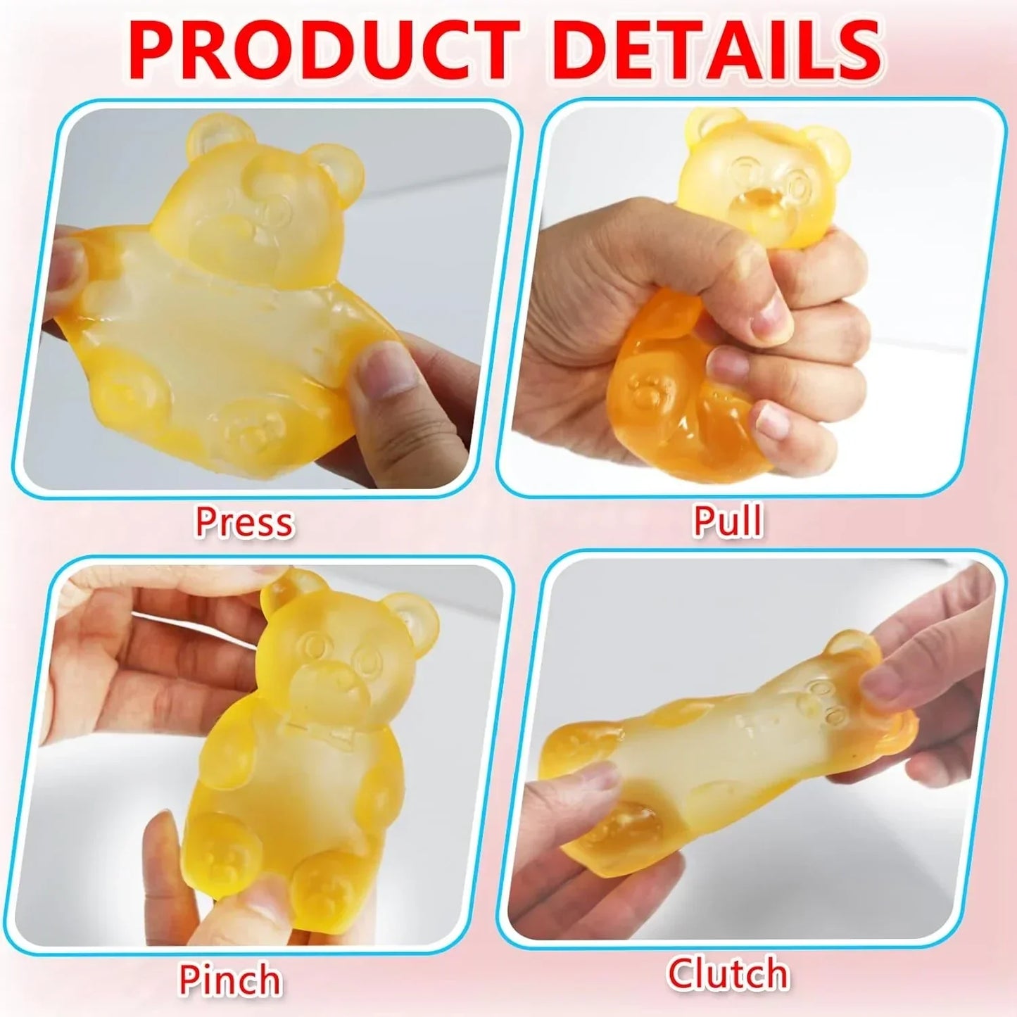 5PCS Gummy Bear Stress Toys |Sugar Filled Bear Squishy Toys|Gel Ultra Squishies High Density Squeeze Balls |Classroom Prize Party Favors Toys Tall 3.5 Inches Colors May Vary