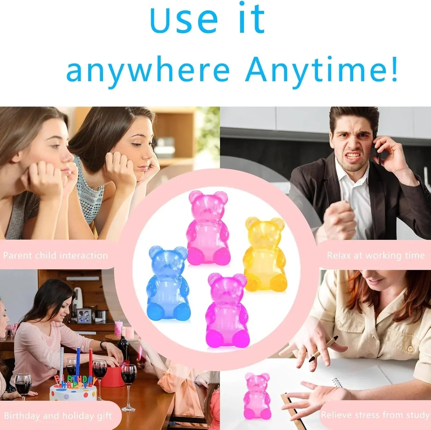5PCS Gummy Bear Stress Toys |Sugar Filled Bear Squishy Toys|Gel Ultra Squishies High Density Squeeze Balls |Classroom Prize Party Favors Toys Tall 3.5 Inches Colors May Vary